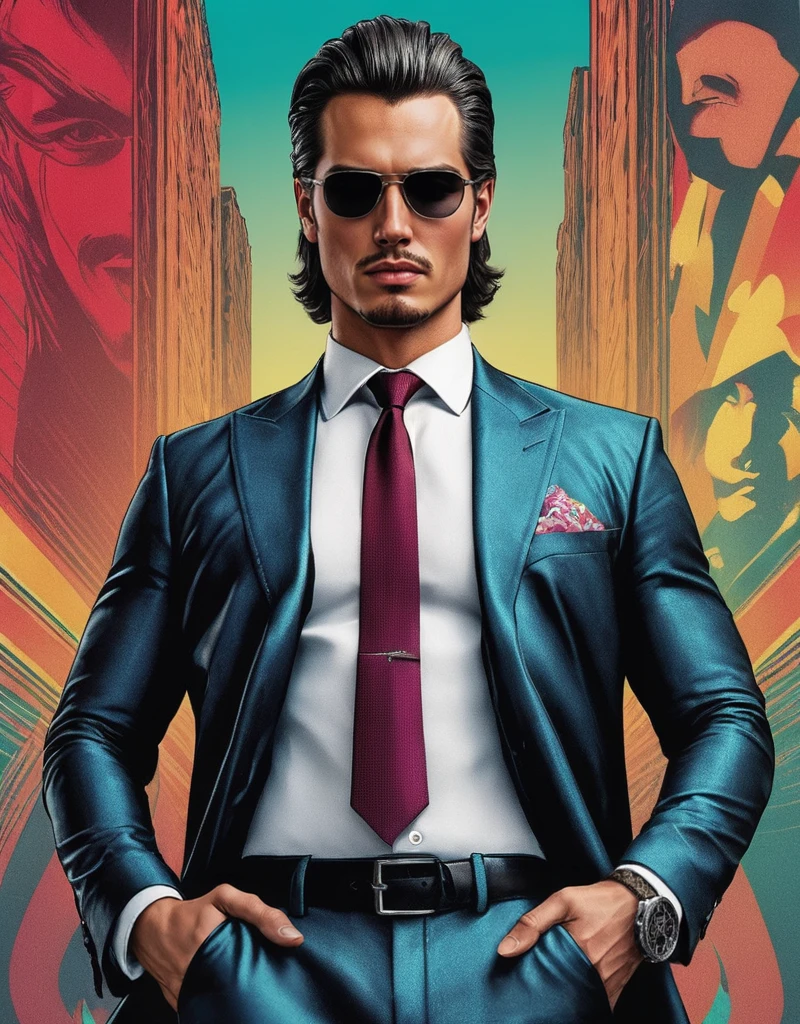michael trevino man, mafia outfit, <lora:MatteoBelluci_michael_trevino:0.6>, Retro style artwork, comic book art, high details, comic book cover, symmetrical, vibrant colors