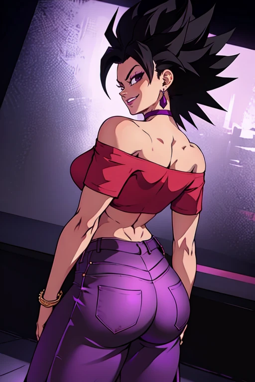 masterpiece,best quality,extreme detail,8k,<lora:caulifla-12:0.8>,caulifla2, 1girl, solo, looking at viewer, smile, shirt, black hair, bare shoulders, jewelry, underwear, panties, ass, earrings, choker, midriff, looking back, pants, off shoulder, from behind, nail polish, black eyes, bracelet, crop top, hand on hip, black panties, chain, back, highleg, spiked hair, black background, red shirt, thong, highleg panties, off-shoulder shirt, purple nails, cropped shirt, purple choker, purple pants