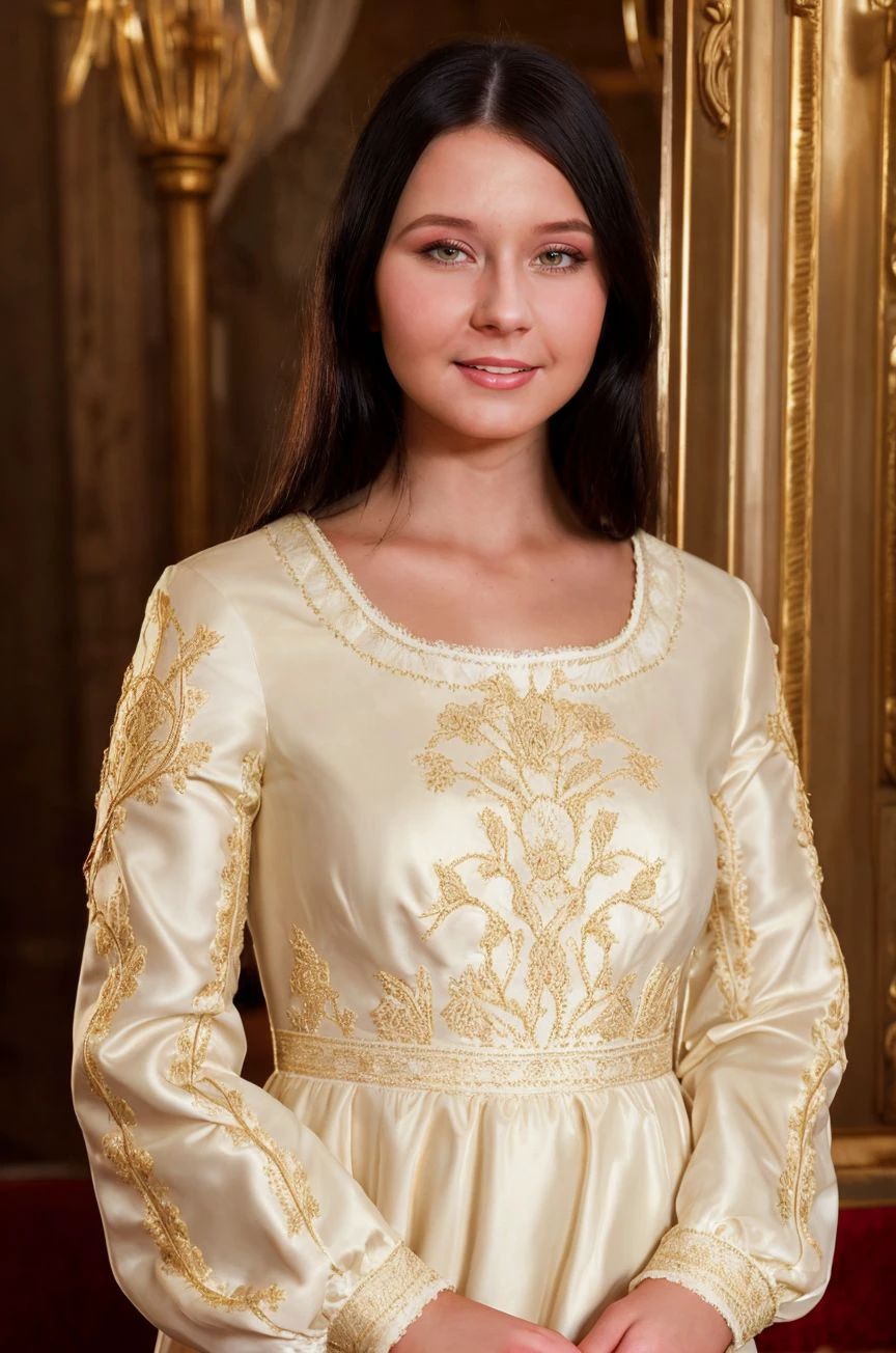 A full color portrait of a beautiful woman, richly embroidered cream dress, art gala, portait, epic character composition,by ilya kuvshinov, alessio albi, nina masic,sharp focus, subsurface scattering, f2, 35mm, film grain , cute smile<lora:MiaMan:1>