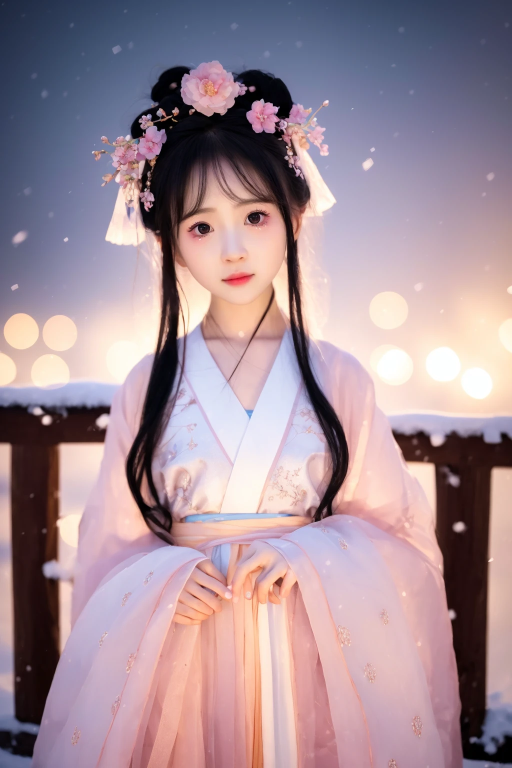 1girl,solo,photorealistic,hanfu,make happy expressions,clear sharp focus,Megapixel,highres,8k,masterpiece,best quality,Cute,Pastel,Lovely,Kawaii,Dreamy,outdoors,nighttime snow scene with tree hanging,small face,looking at viewer,bangs,black eyes,lips,dazzling light,