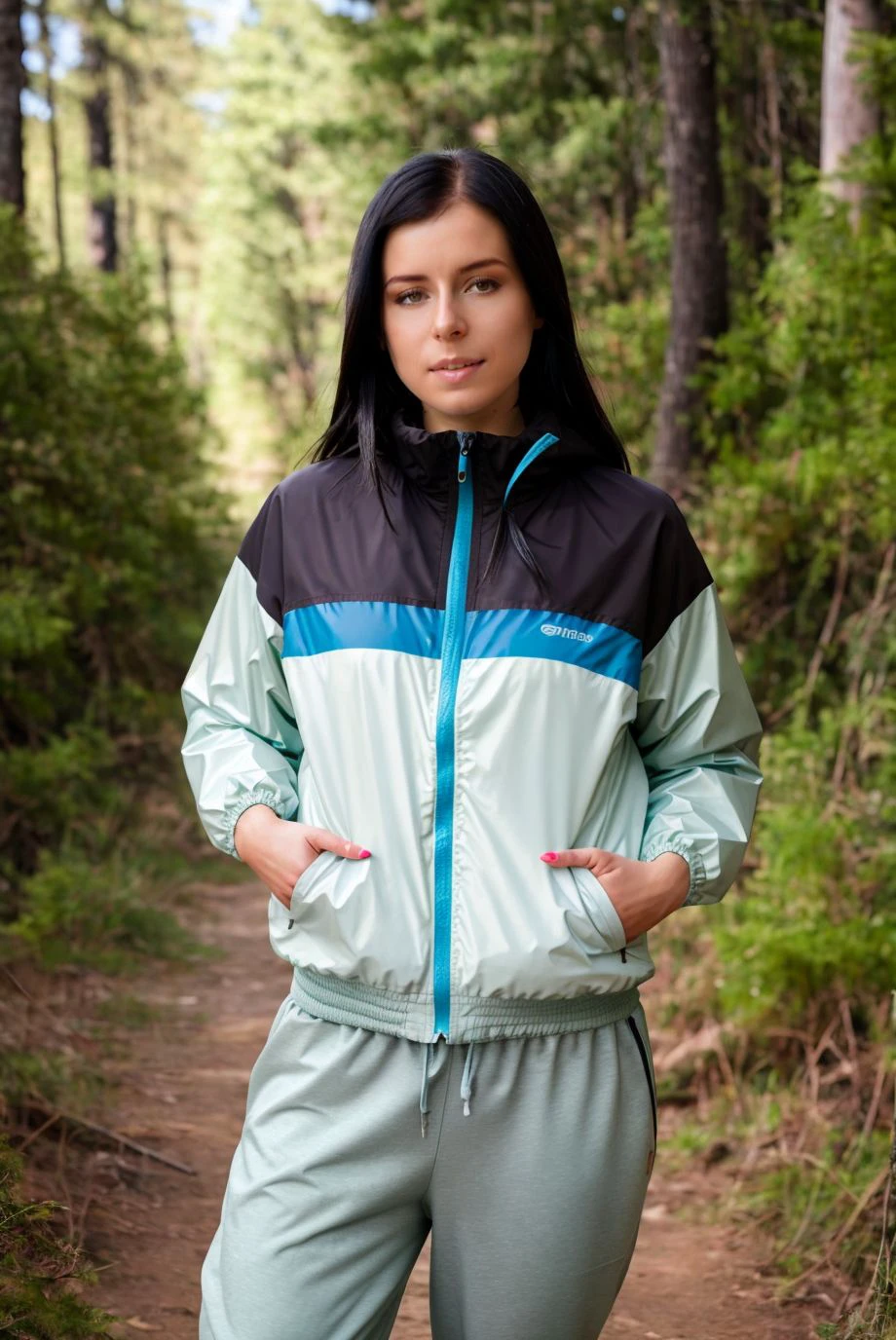 selfie of a beautiful woman, windbreaker and track pants, active hiking trail, shy, epic character composition,by ilya kuvshinov, alessio albi, nina masic,sharp focus, subsurface scattering, f2, 35mm, film grain , pale , dark hair <lora:danielrose:1>