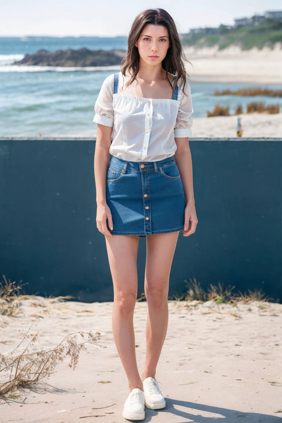 A full color portrait of a beautiful woman, cotton dress and denim skirt, empty beachfront, shy, epic character composition,by ilya kuvshinov, alessio albi, nina masic,sharp focus, subsurface scattering, f2, 35mm, film grain , Latina <lora:AlexaTho:1>