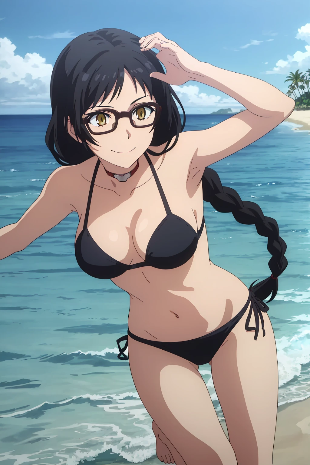 (masterpiece, 4K, Highest quality, anime style: 1.9, Detailed face, Lovely, Ocean,bold, High resolution, anime, Lake 4. alone, Curvaceous, Very slim belly, Cowboy Shot, 1 Girl,,(Leopard print micro bikini),,smile,Please open your mouth wide,View your viewers,Big Breasts,Naked in a swimsuit,Black Hair,Mole under the mouth,Grey Eyes,Rimless glasses,Mole under the eye,bangs,Medium Hair,forward leaning posture