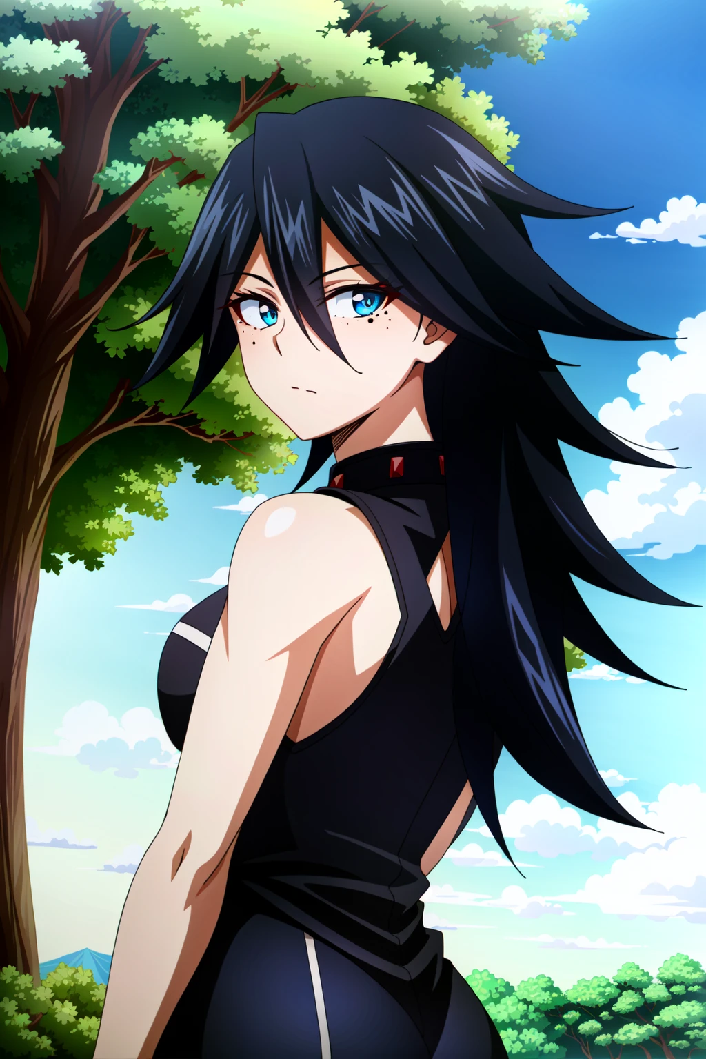(extremely detailed CG unity 4k wallpaper),(masterpiece),(best quality),(ultra-detailed),(best illustration),(best shadow),(absurdres),(detailed background), <lora:OGT_Midnite_v1:0.7> Nemuri Kayama, 1girl, blue eyes, sky, mole under eye, solo, cloud, black hair, anime coloring, day, long hair, blue sky, outdoors, mole, tree, looking at viewer, looking back, mask, hair between eyes, closed mouth
