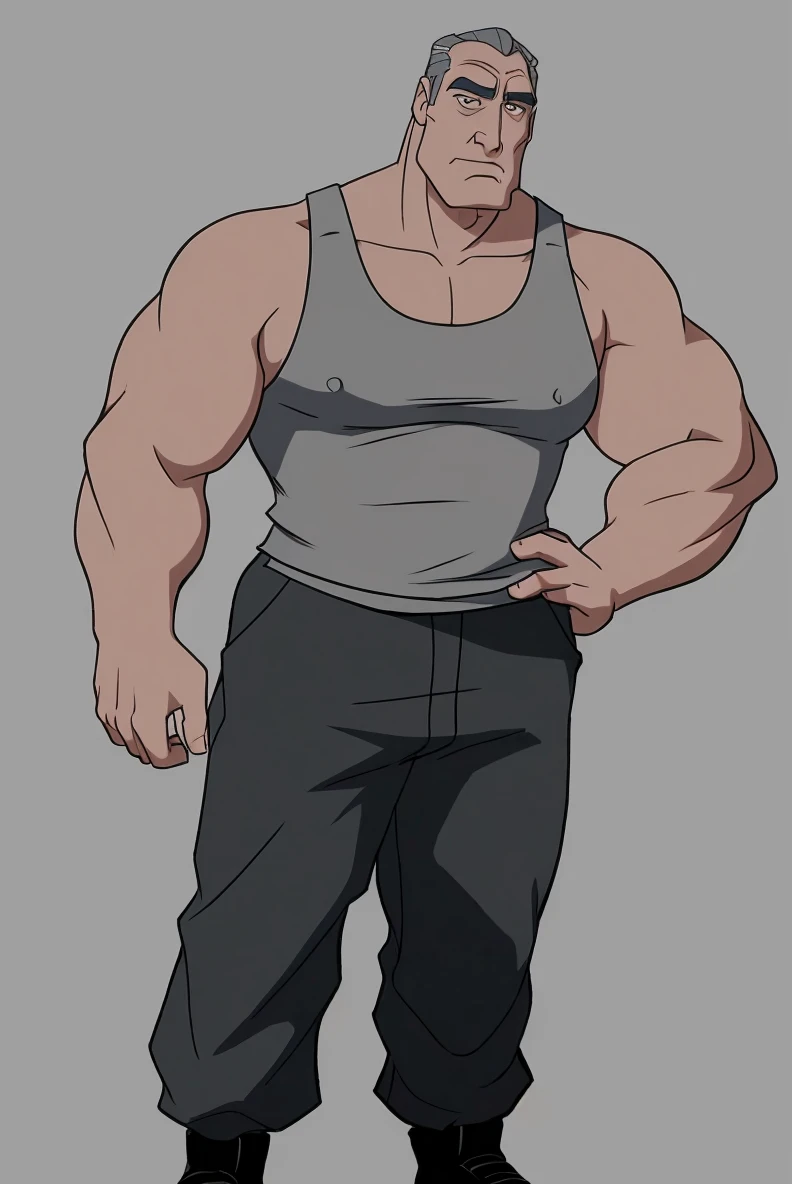 (RAW photo), 1boy, lylerourke, <lora:LyleRourke:0.6>, tank top, standing, grey background