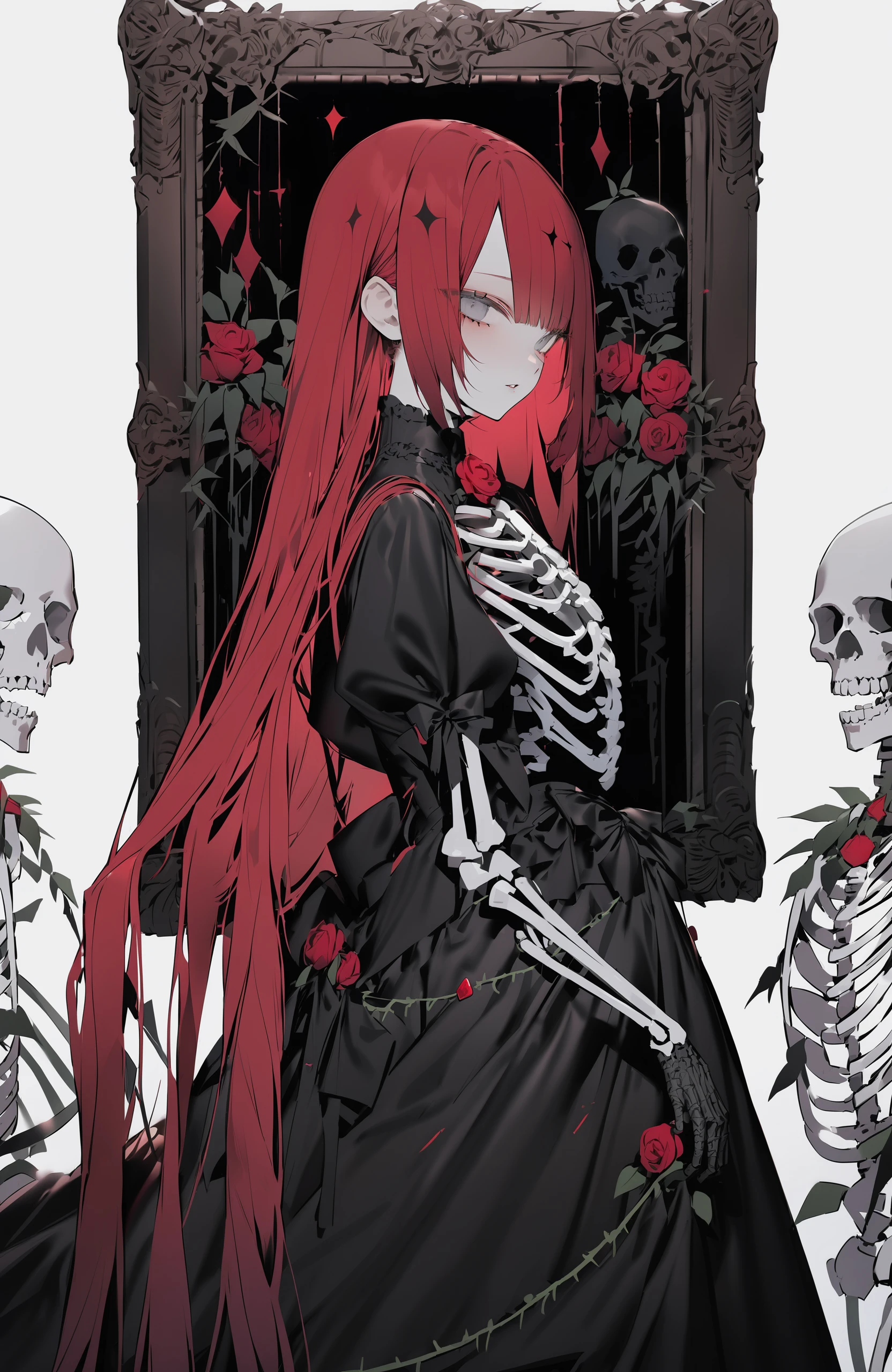 masterpiece, Highest quality,One girl, alone, flower, Long Hair, Rose, Redhead, red flower, heart, Grey Eyes, Thorn, red Rose, Grapevine, dress, View your viewers, Part your lips, bangs, black flower, black dress, gloves, Holding, plant, very Long Hair, skeleton, ring, White Background, black Rose, Picture Frame, card, Frills, black gloves, White eyes, Blurred 
////////, 