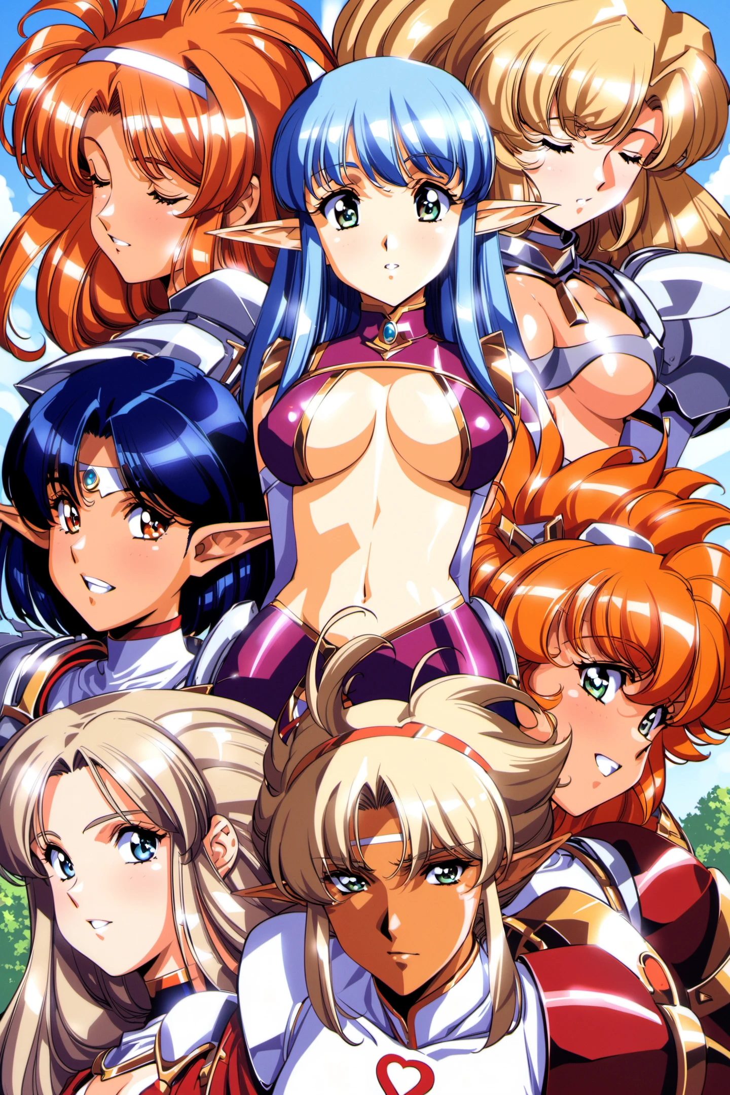 multiple girls, pointy ears, breasts, blue eyes, blonde hair, armor, closed eyes, long hair, retro artstyle, cleavage, shoulder armor, 5girls, navel, orange hair, open mouth, pauldrons, 1990s (style), headband, smile, circlet, dark skin, jewelry, blue hair, dark-skinned female, looking at viewer, underboob, short hair, large breasts, medium breasts, green eyes, elf, <lora:Urushihara Satoshi_XL:0.8>
