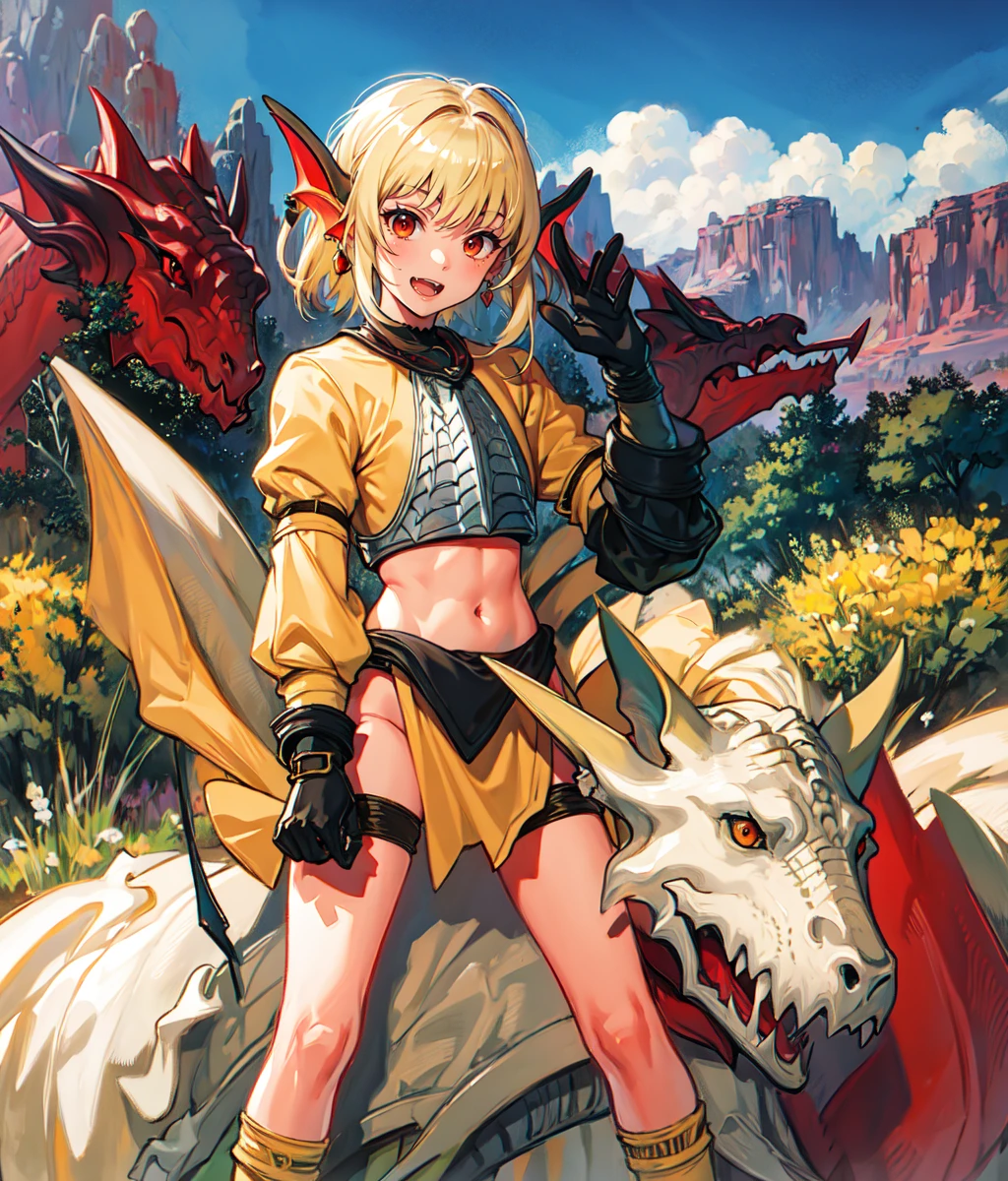 masterpiece, high res, detailed face, detailed eyes, 1 girl, solo, medium hair, blonde hair, athletic, slender, wild hair, red eyes, hair dragon ornament with earrings, yellow shirt, smug. cocky, tomboy, silver chest armor, gloves, yellow loincloth, high tighs, open mouth, fang, full body, cowboy shot, outdoors, desert  <lora:Sharon:1>