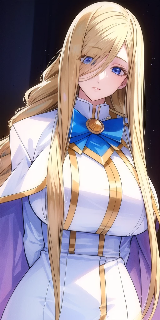 <lora:florence_aliciaV2:0.7> florence_alicia, huge_breasts, standing, solo, Winter_aria_company_uniform_White_long_dress_White_capelet_Blue_bowtie_Long_sleeves_high_collar_Side_slit,, masterpiece, best quality, detailed face, detailed eyes, highres,