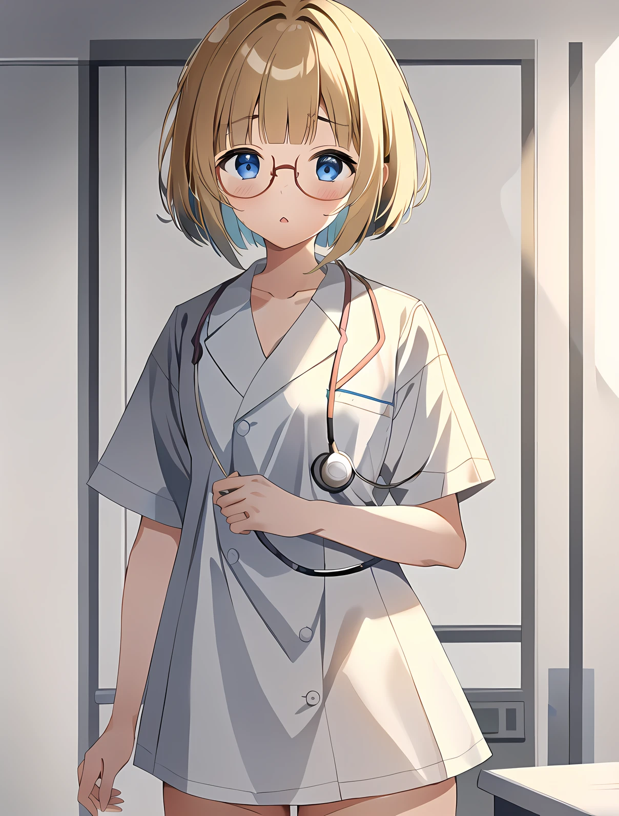 masterpiece, best quality, high quality, labcoat over scrubs, hospital exam room, ((stethoscope)), <lora:LabcoatOverScrubs1_1:0.7> 1girl,(hospital, operating room, infirmiary,clinic), (kimiko shimoto), <lora:Irene Bradford:0.7> (1girl, 3dcg 05, bangs, blonde_hair, blue eyes, blunt bangs, bob cut, brown hair, brown-framed eyewear, glasses, hair intakes, inverted bob, irene bradford, short hair, small breasts, solo),