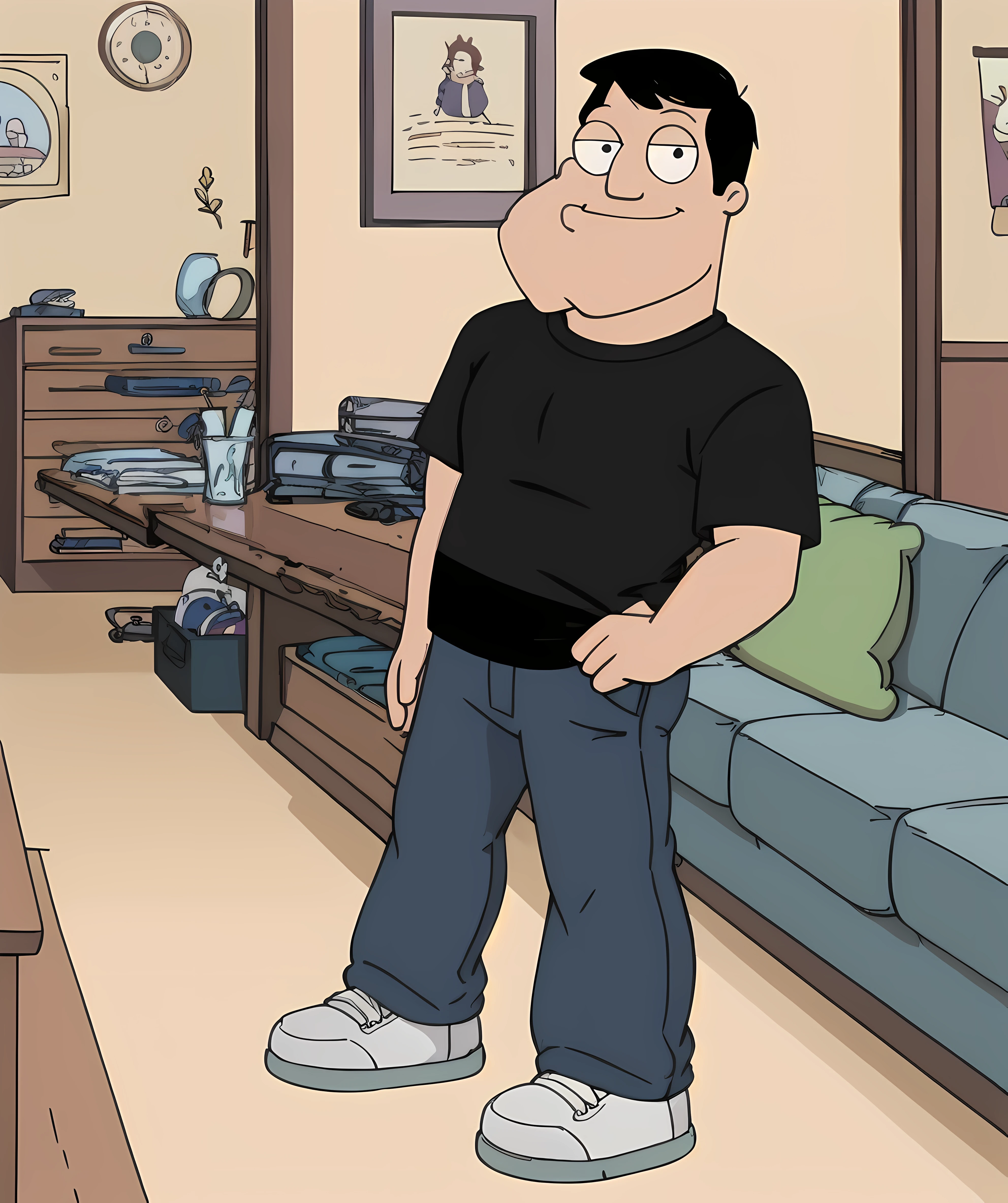 stan_smith, male focus, (cartoon), shirt, long pants, standing, living room, smile, looking to viewer, eyes <lora:Stan_Smith-15:0.9>