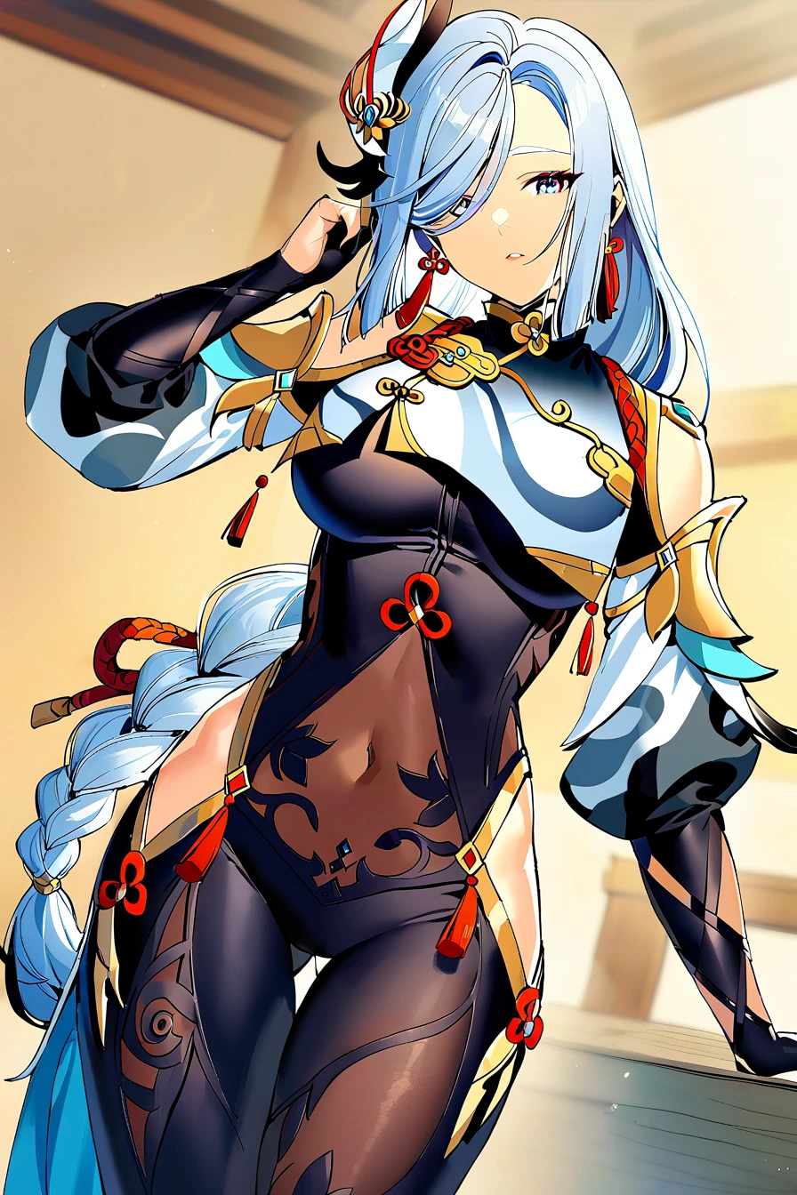 fri style, best quality, detailed, by teffish, 1girl, shenhe \(genshin impact\), absurdres, solo, looking at viewer, blue eyes, hair over one eye, long hair, white hair, hair ornament, braid, braided ponytail, bangs, large breasts, breasts, breast curtain, hip vent, covered navel, bodysuit, gloves, black gloves, partially fingerless gloves, clothing cutout, shoulder cutout, tassel