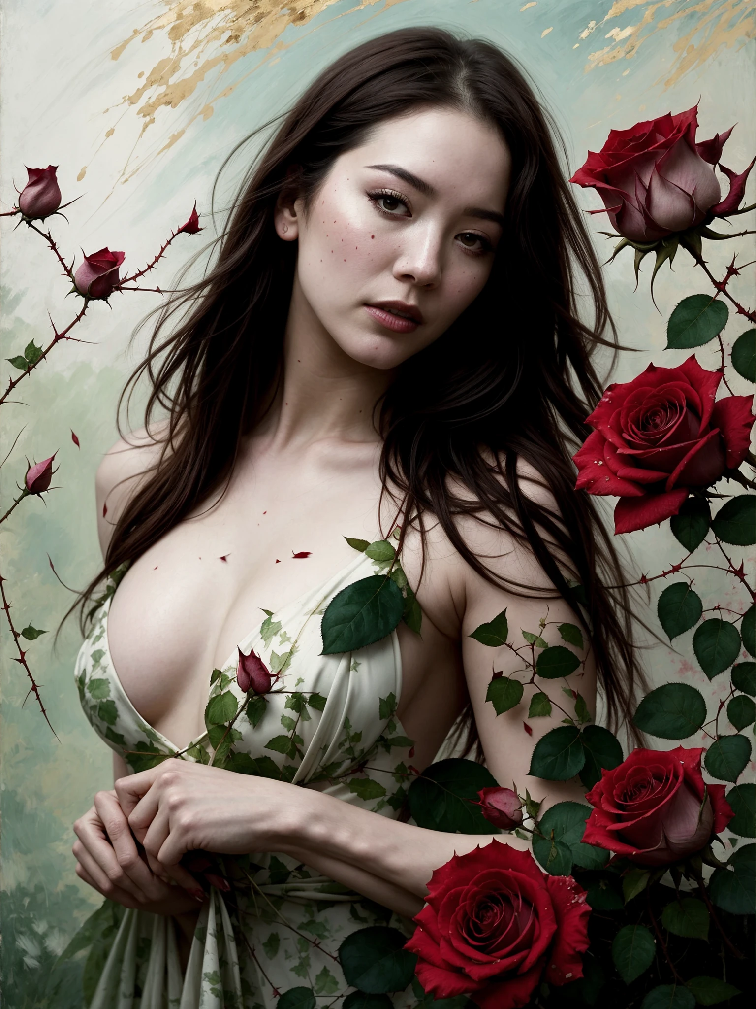 Poison Ivy, handcuffed, dynamic impressionist brushstrokes, splatter drops, by solomon joseph, richard schmid and jeremy lipking, thorned roses, thorns, roses,, loose genre, loose painting, filigree, masterpiece, beautifully detailed, close up portrait, painting of Meiko Kaji