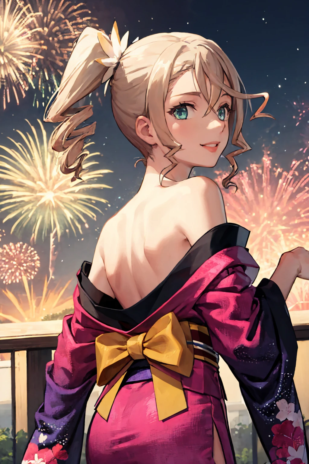 (masterpiece, best quality:1.2), solo, 1girl, alisharnd, smile, looking back, side ponytail, drill hair, japanese clothes, kimono, off shoulder, bare shoulders, fireworks <lora:tales_diphda:1> <lora:Pos_OffShoulderKimono:0.8>