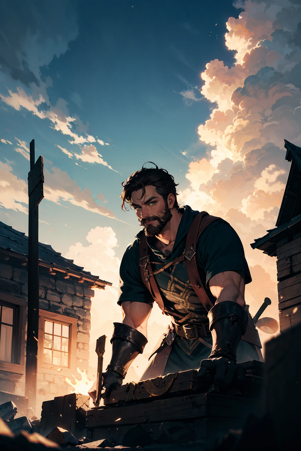 absurdres, village, fantasy, dungeons and dragons, bright scene, clouds, volumetric light, contrast, man, smith, hammering steel on an anvil, toned, facial hair, dark brown hair, green eyes, smithy