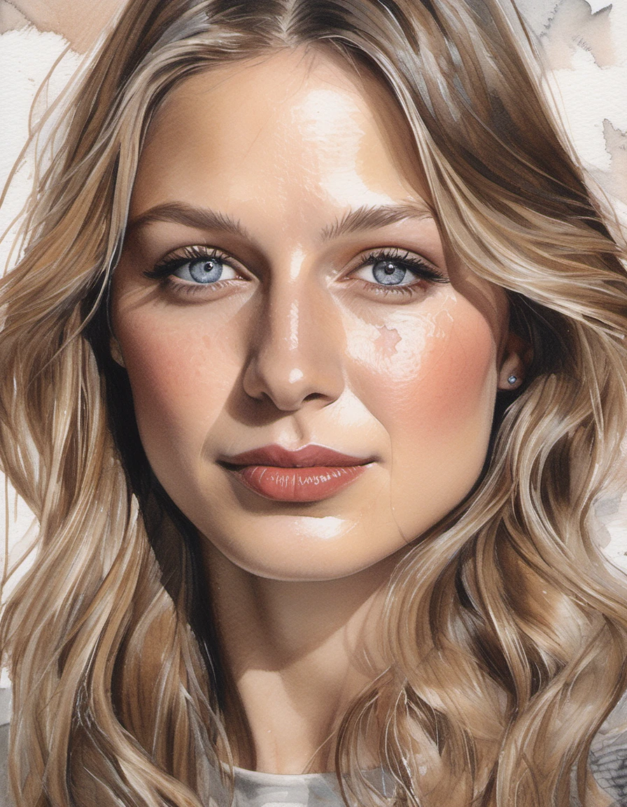 <lora:Melissa Benoist-000004:1>, mlssbnstkara woman, light natural tones , pencil drawing , watercolor drawing, portrait of a woman, detailed eyes, beautiful , highly detailed, soft color tones, soft lighting, detailed lines, sharp, realistic, brush strokes, light hints of paint drips