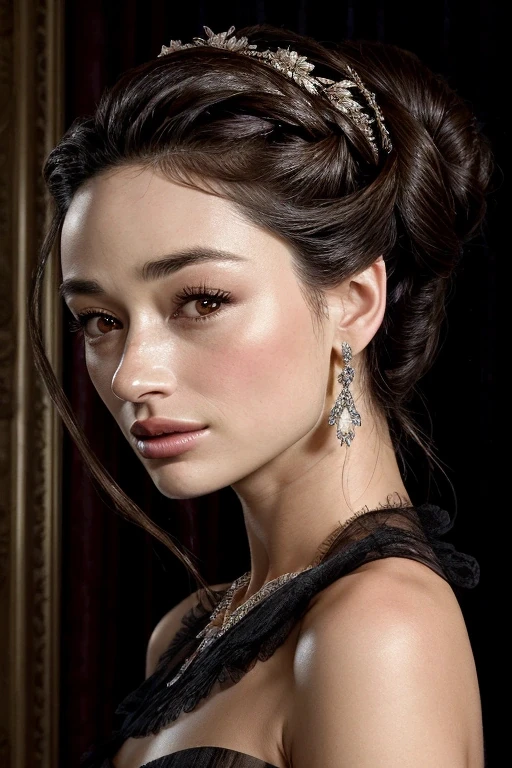 Crystal Reed, A stylish and elegant young woman from privileged society, her refined features exude sophistication and grace. This exquisite portrait, possibly a beautifully crafted oil painting, showcases her in a flowing gown of luxurious silk, adorned with intricate lace and delicate embroidery. Every meticulous brushstroke captures the essence of opulence, from the shimmering jewels adorning her neck to the intricate updo that perfectly frames her face
