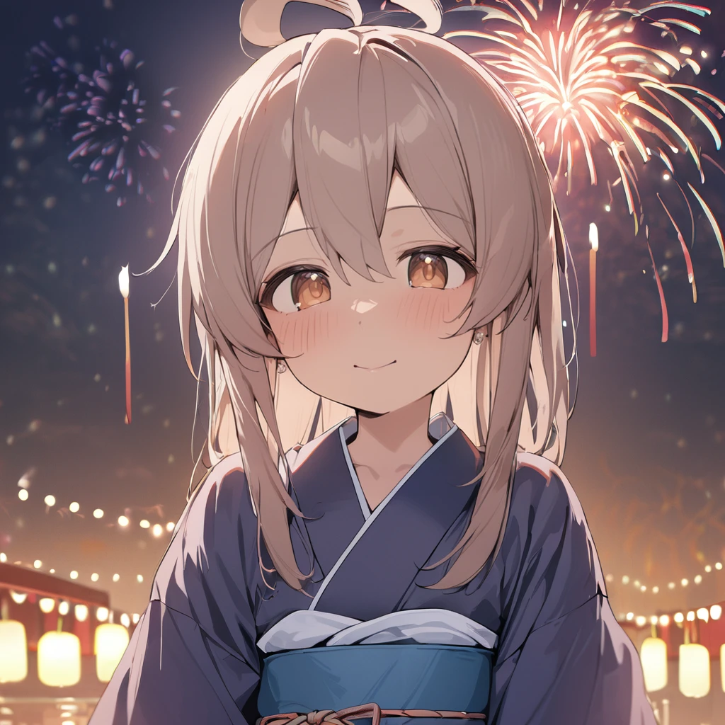 1girl, oyama mahiro, wearing kimono, fireworks, ahoge, looking at viewer, masterpiece, latest, best quality, rating: general <lora:mahiro_xl_a3-000009:1>