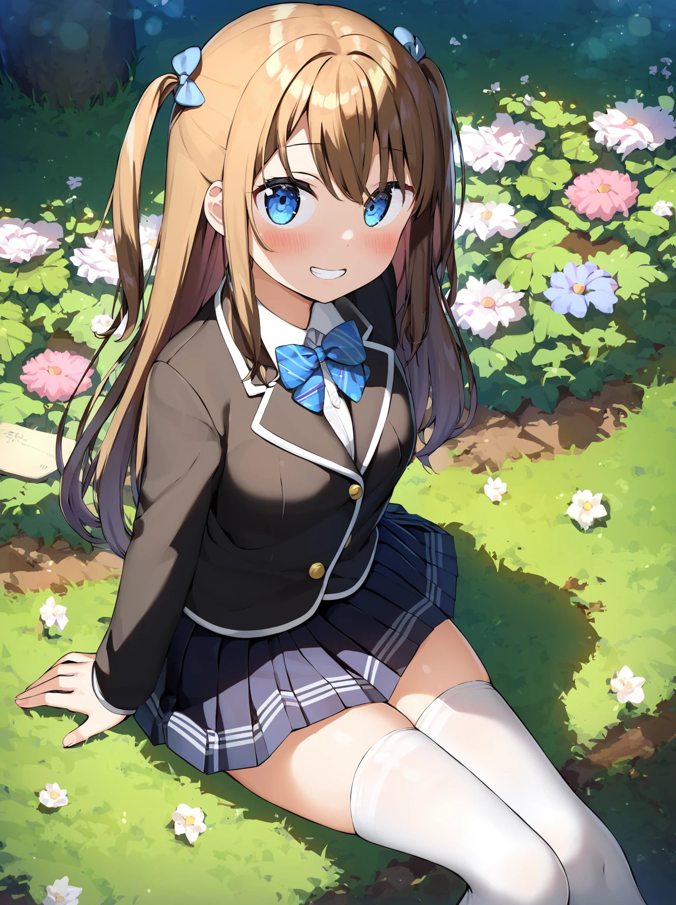 score_9, score_8_up, score_7_up, best quality, masterpiece, uncensored, source_anime, by kantoku
BREAK
1girl, black jacket, black skirt, blue bow, blue bowtie, blue eyes, blush, bow, bowtie, brown hair, collared shirt, feet out of frame, finger frame, flower, grass, grin, heart ribbon, jacket, long hair, long sleeves, looking at viewer, sitting, nature, outdoors, pleated skirt, school uniform, shirt, sidelocks, skirt, smile, solo, sunlight, thighhighs, two side up, zettai ryouiki
<lora:kantoku_pony_v1-000015-32rank:1>