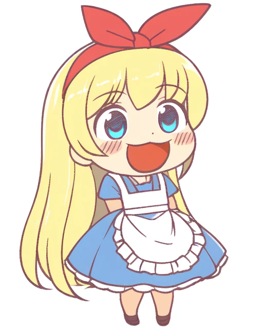 <lora:Ikiyouz-NAI-LyCORIS-512px:0.6>
1girl, solo, simple_background, chibi, blue dress, white apron, long blonde hair, blue eyes, red hairband, \:\D, \:\3