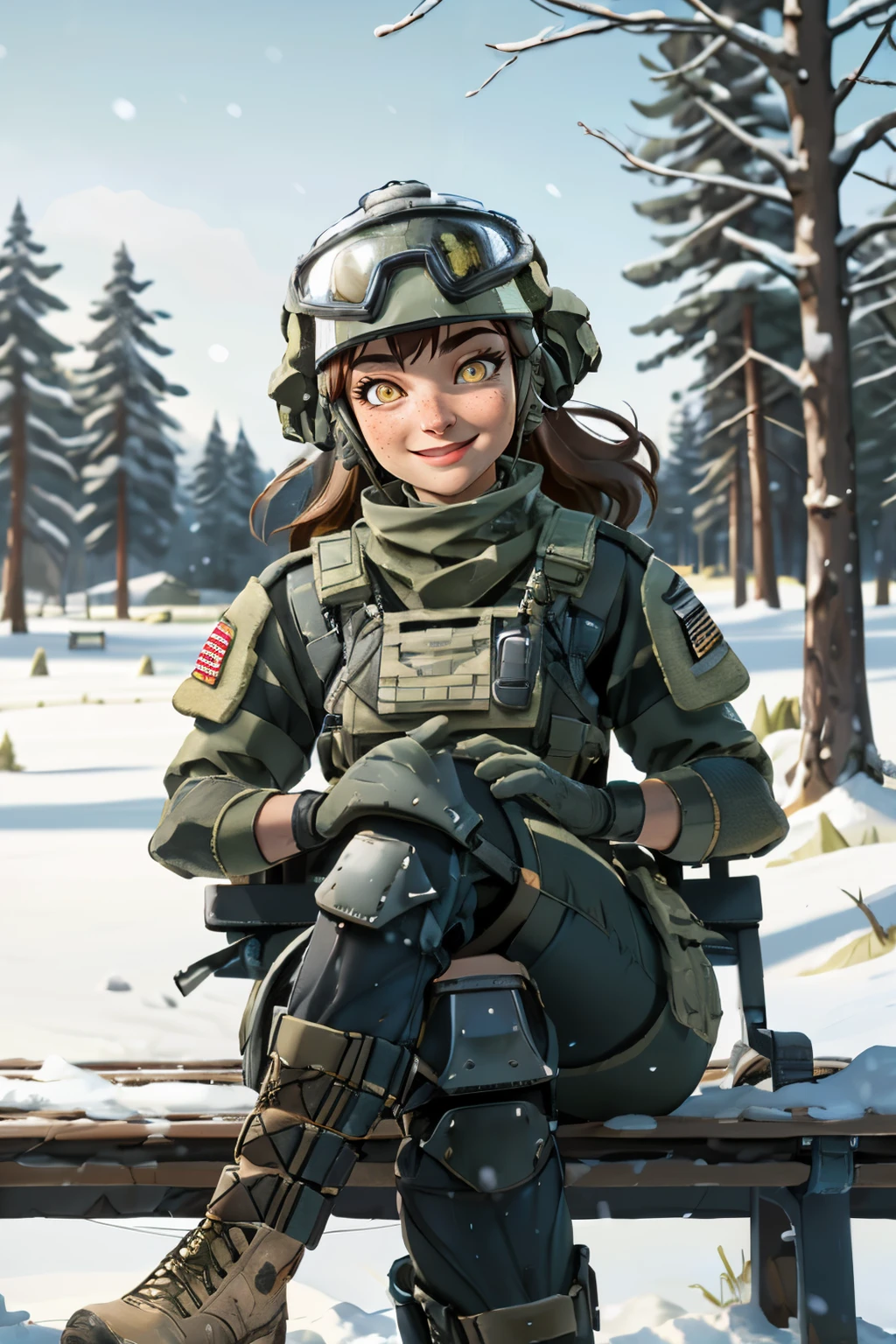 blasco, yellow eyes, dirty face, helmet, goggles on helmet, military clothes, bulletproof vest, knee pads, pants, looking at viewer, serious, smiling, sitting, on bench, legs crossed, outside, park, field, trees, snow, winter, blue sky, depth of field, natural lighting,<lora:blasco-08:.8>