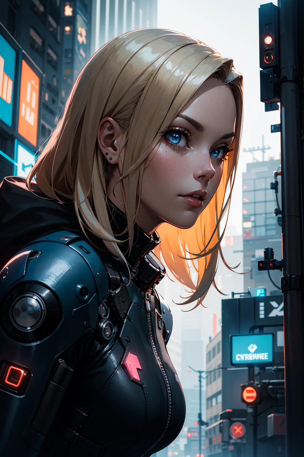 detailed face, perfect face, perfect eyes, realistic eyes, perfect fingers, Character design, beautiful woman, blonde hair, dark blue eyes, netrunner, hacker, jacked into the Net, cyberspace, Ghost in the Shell, Bladerunner 2049, Cyberpunk 2077, cybernetic implants, sci-fi, cyberpunk esthetic, cyberpunk background, low angle shot, digital painting