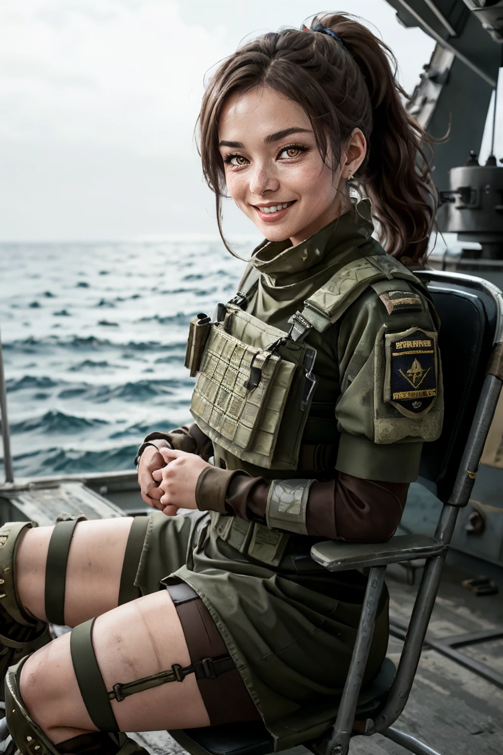 blasco, yellow eyes, dirty face, brown hair, ponytail, military clothes, shoulder pads, bulletproof vest, knee pads, boots, looking at viewer, serious, smiling, sitting, on chair, outside, battleship, ocean, natural lighting, depth of field, <lora:blasco-08:.8>