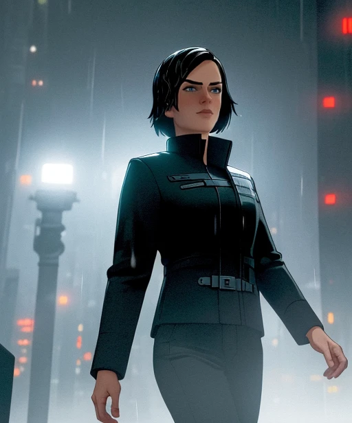 (adult woman), (1girl, solo), walking, ((black jacket)), serious, (black hair, bobcut), (blue eyes), ((future city, neotokyo, scifi city, cyberpunk)), (night, rain), ((best quality, high detail)), ((masterpiece)), <lora:1_whatif_18e:1>