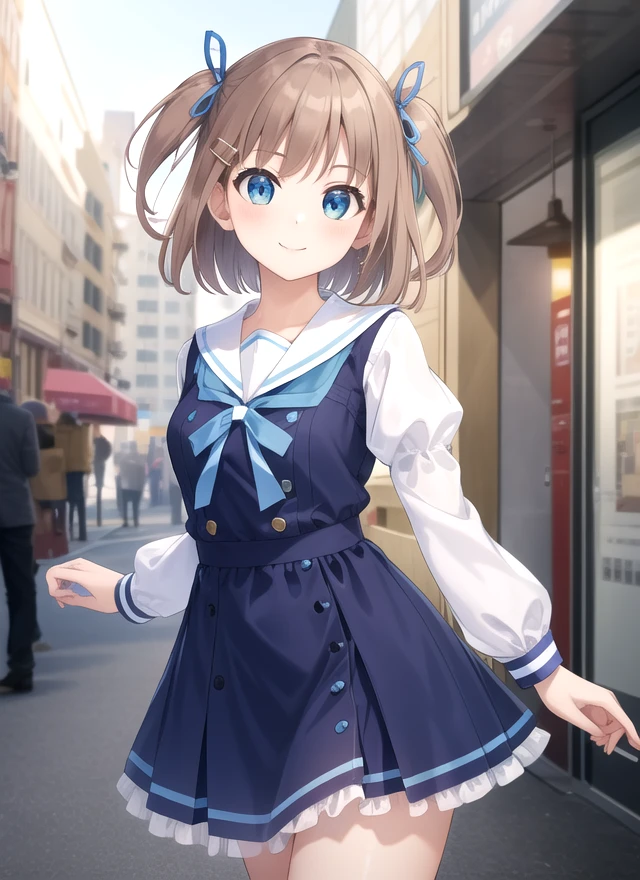 ((masterpiece)),(best quality),official art,extremely detailed CG,unity 8k wallpaper,ultra detailed,beautiful detailed eyes,extremely detailed face,1girl,solo,cowboy shot,facing viewer,looking at viewer,smile,madobe yuu,short hair,brown hair,two side up,hair ribbon,blue ribbon,bangs,hair ornament,sailor dress,blue dress,frilled dress,juliet sleeves,puffy sleeves,long sleeves,white sailor collar,blue socks,loafers,<lora:Madobe Yuu(win)>,