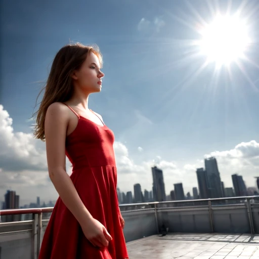 <lora:Skyline_1.0:0.5> 1girl, standing, red dress, Roof_Skyline, sky, lense flare, cloudy sky