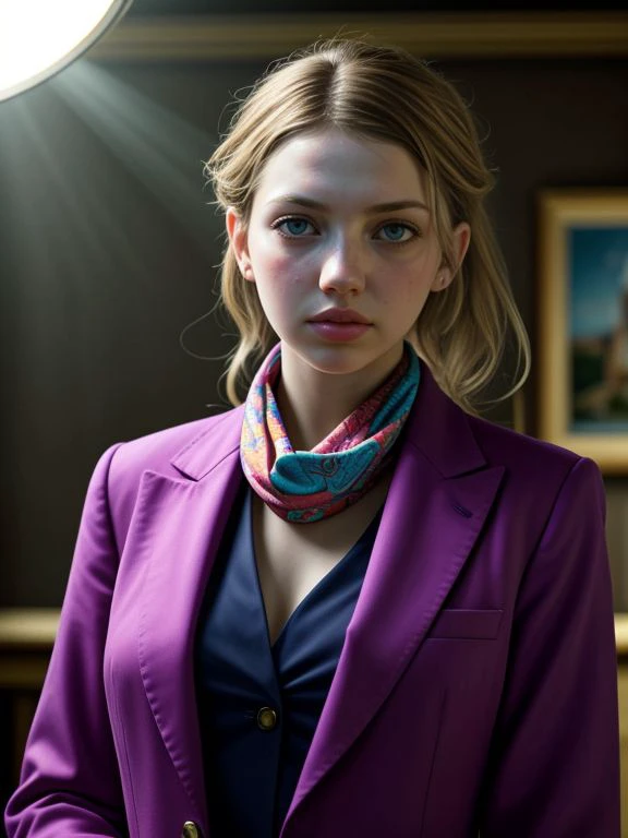 Masterpiece, Best Quality, ultrarealistic photography, real life, colorful, amazing, perfect lighting, bright colors, dramatic, dynamic, cinematic lighting, hyperrealism, intricate details, epic, realism, 
Hannah Murray, suit with stole, 
extremely detailed background scene, 
 <lora:LCM_LoRA_Weights_SD15:1>