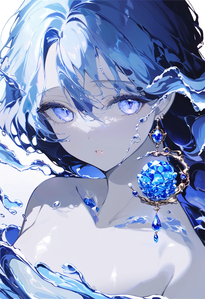 masterpiece, best quality, <lora:OH4XL_V1:1>1girl, solo, blue eyes, blue hair, looking at viewer, jewelry, portrait, gem, blue theme, earrings, water, bangs, parted lips, hair between eyes, liquid hair, blue gemstone, collarbone, eyelashes