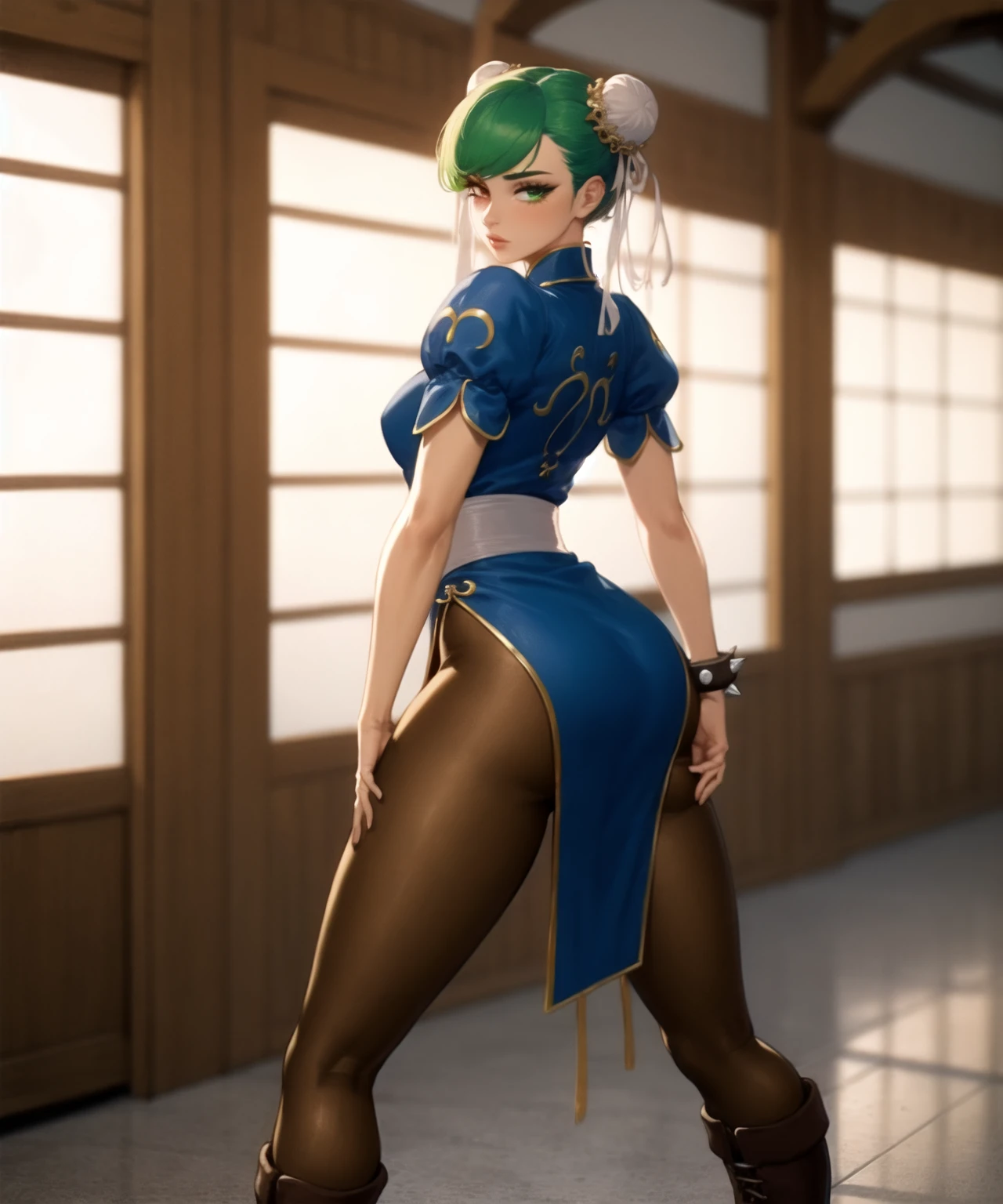 (masterpiece, best quality, ultra detailed, intricate details:1.2), (8k, 4k, beautiful detailed background, beautiful detailed eyes, perfect face, nose, eyelashes), perfect female body, (lips), (cowboy shot, looking at viewer, full body, indoors),  from behind, looking back, double bun, green hair,  heterochromia,
chun-li_(cosplay), cosplay, spiked bracelet, sash, brown pantyhose, china dress, chinese clothes, blue dress, mandarin collar, short sleeves,, puffy sleeves, boots, cross-laced footwear,
<lora:chun-li_(cosplay):1>