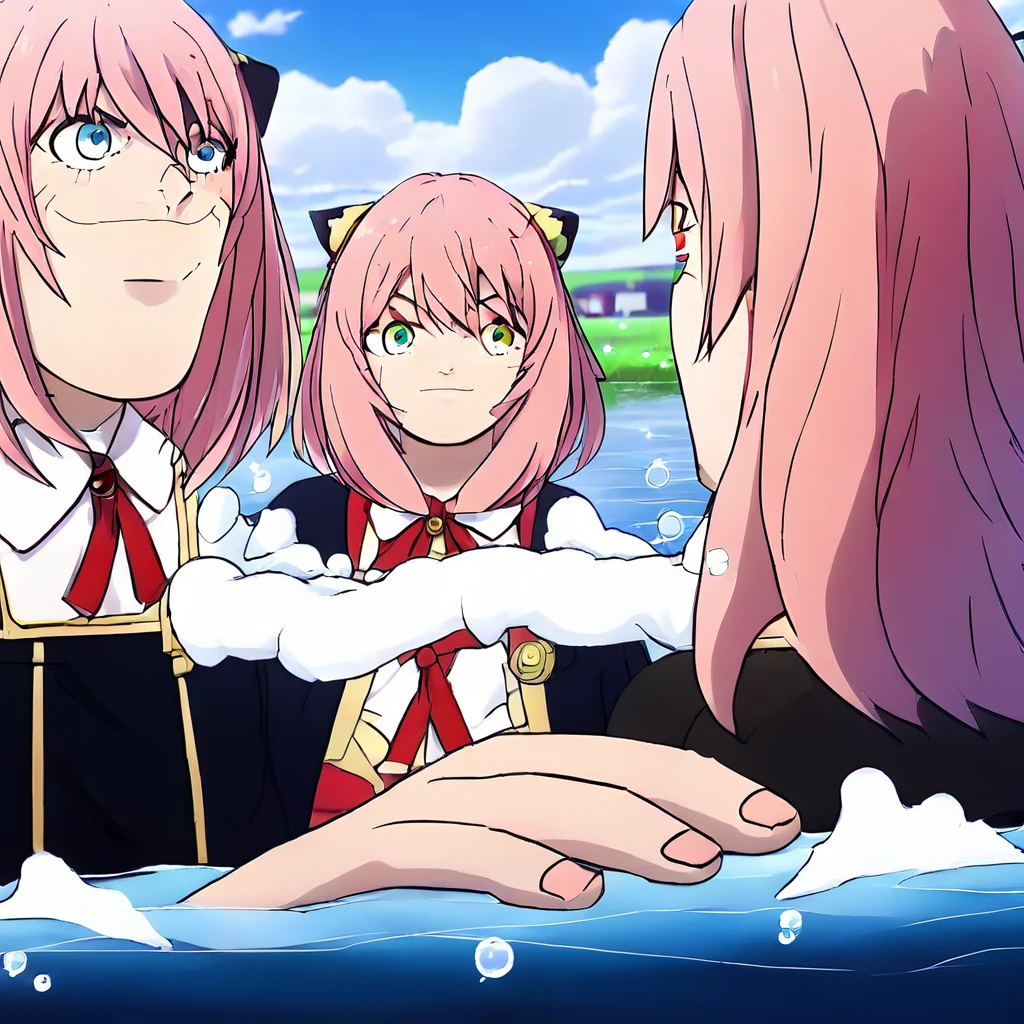 4k,a cute girl standing in water,lake,grassland,shining,surrounded by colorful bubbles,colorful,water splashing,detailed anime style,pink hair,school uniform,anya \(spy x family\),<lora:anya (spy x family):1>,, <lora:memehand:0.85> ,holdmyhand
