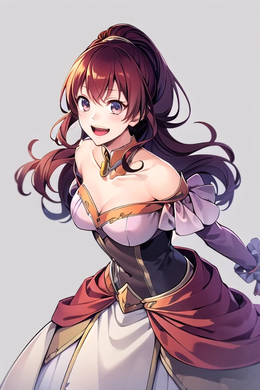 mahou_alicia, 1girl, dress, long hair, simple background, smile, open mouth