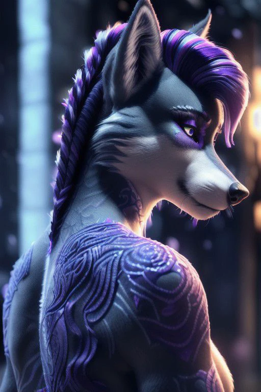 ASCIIFemale, (((anthro))), (((fluffy female wolf, dark blue with bright purple streaks, side cut hairstyle, intricate hair style)))detailed, ambient light, (detailed lighting), (ambient light on the body),(((sharp focus, masterpiece, 8k, 4k, raw photo, best quality, hi res, high resolution, high details, ultra realistic, absurd res, ray tracing))), (eyelashes), (tail),