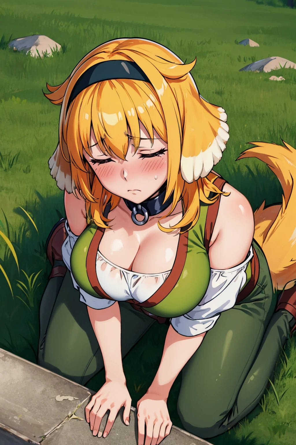 masterpiece, best quality, <lora:haremroxanne-nvwls-v1-000009:0.9> roxanne, dog ears, black hairband, collar, off-shoulder shirt, cleavage, green vest, green pants, large breasts, all fours, blush, closed eyes, grass, from above, frown, dog tail