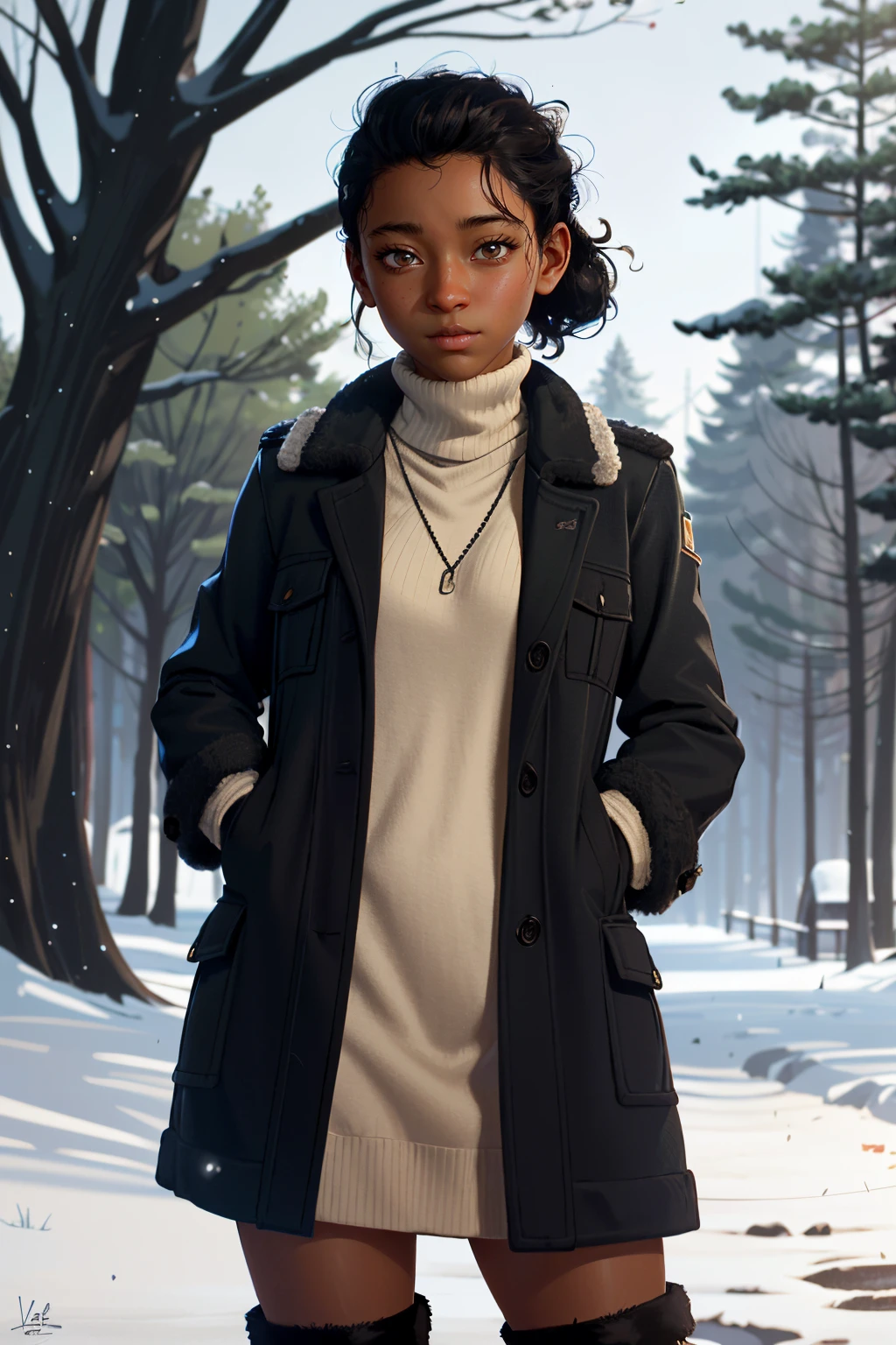 ((ultra detailed, masterpiece, absurdres))
<lora:TLOURiley:0.9>
TLOURiley, 1girl, solo, very dark skin, brown eyes, black hair, in front of Magical Winter Wonderland with Snow-Covered Trees , Faux fur coat, turtleneck sweater dress, over-the-knee boots