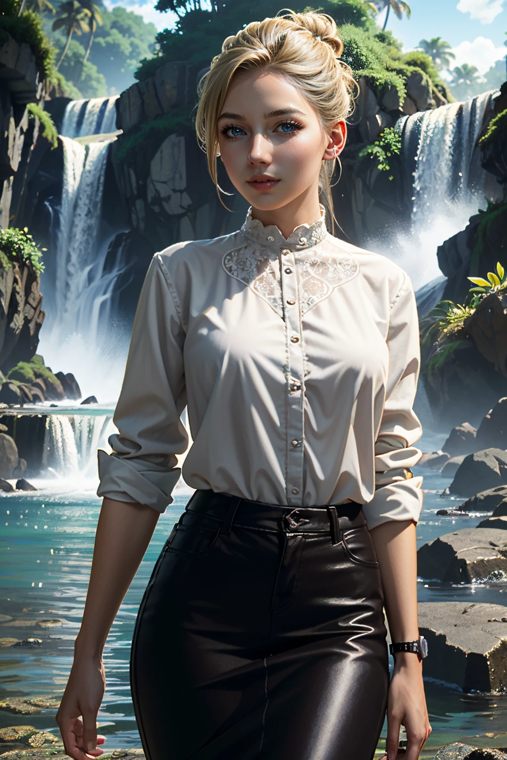 ((ultra detailed, masterpiece, absurdres))
<lora:UncElena:0.9>
UncElena, 1girl, solo, blue eyes, blonde hair, High-neck lace blouse tucked into a pencil skirt , in front of Cascading tropical waterfall, surrounded by vibrant flora, dynamic lighting