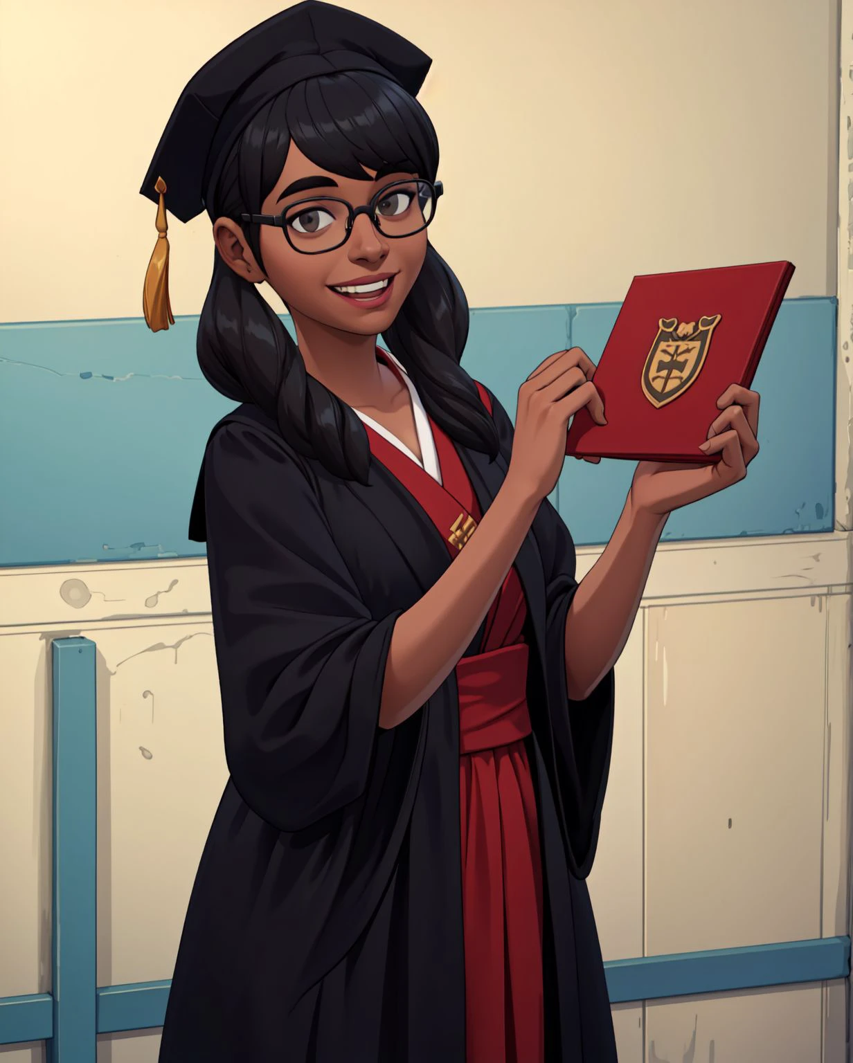 (masterpiece, best quality, high resolution:1.3),
<lora:c455gTS4-10:0.6> c455gts4, black twintails, black-framed glasses, tan skin, big smile, (mortarboard:1.2), (dark graduation robe:1.2), holding diploma