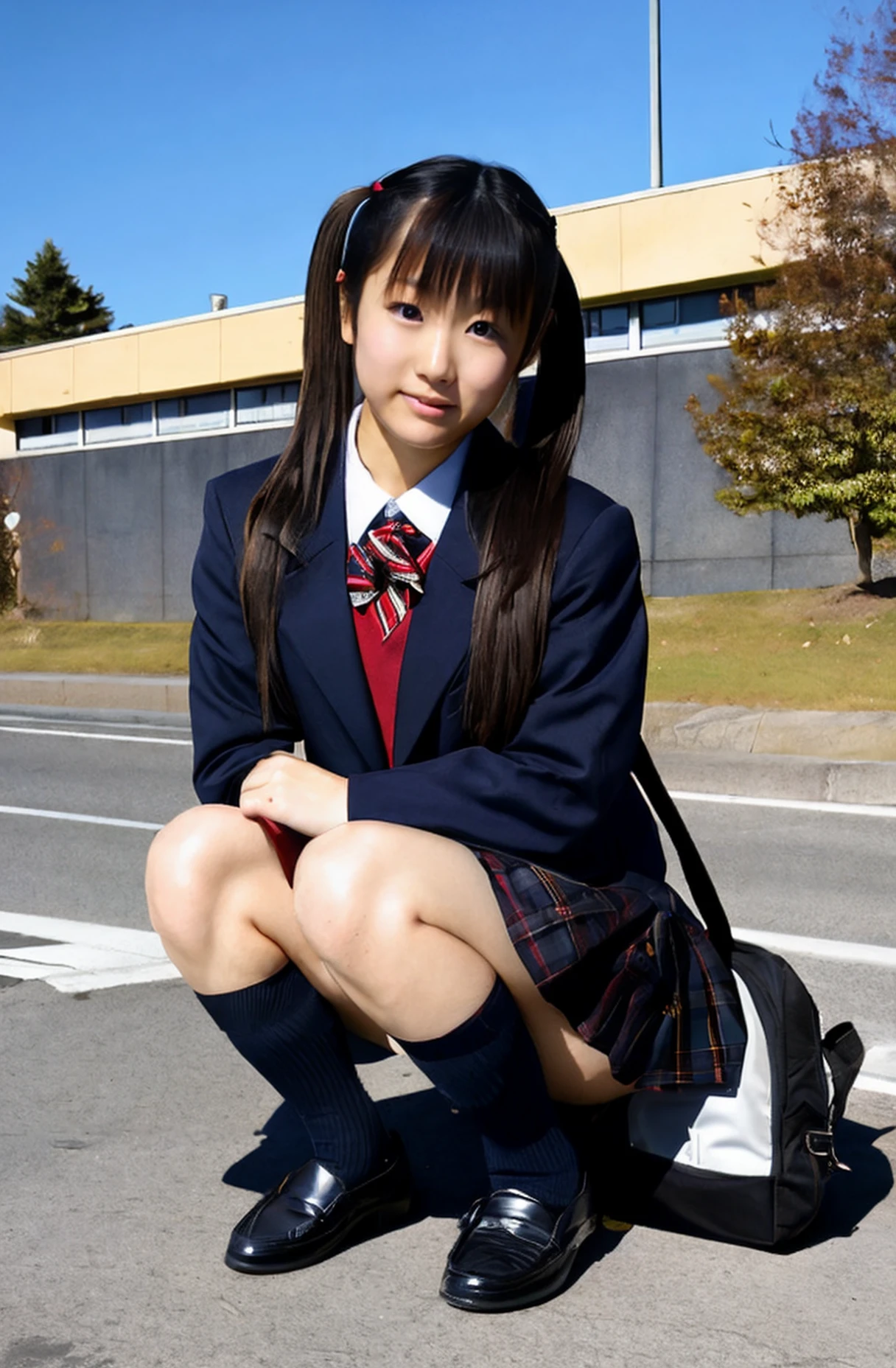 (masterpiece, highest quality:1.4), award-winning portraits, 8K, 85mm, alone, beautiful face, delicate girl, , (dark navy blazer jacket), dark navy skirt, long sleeve, violaces, gardenia, grace, Sophisticated, cute, , looking at the viewer, 15 yw photo, disorganized, HDR, sharp focus, A bow tie, background bokeh、(((flat 、thin and delicate body、A childish atmosphere、sitting、basement)))、Her shiny semi-long hair is tied up、hair swaying in the wind、Mole on the left cheek、large, round, dark blue eyes、full body、random pose、Run、sprinting、Skirt fluttering in the wind、Junior idol、Nogizaka Idol、widening skirt、jump、mole under eye、sexy、No panties