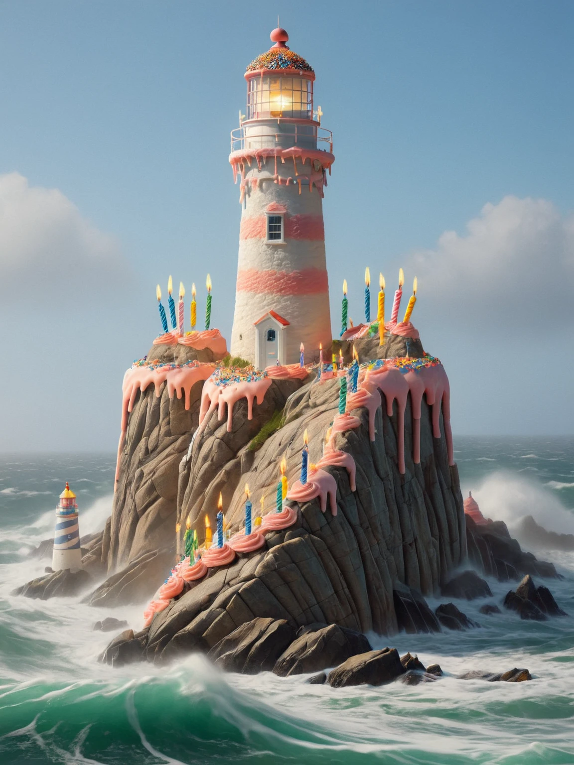 A tall ais-bday lighthouse on a cliff, ais-bday sea waves crashing against the ais-bday rocks below. <lora:Birthday_Style_SDXL:1>