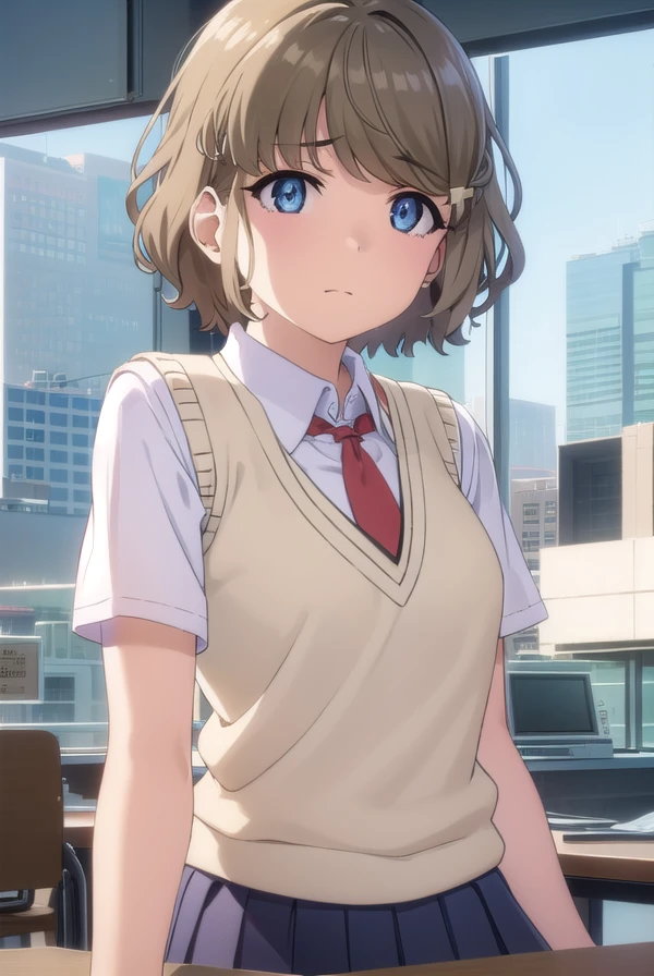 tomoekoga, <lora:tomoe koga s1-lora-nochekaiser:1>,
tomoe koga, short hair, brown hair, blue eyes, hair clip,
BREAK skirt, shirt, school uniform, white shirt, short sleeves, pleated skirt, necktie, collared shirt, red necktie, sweater vest,
BREAK indoors, classroom,
BREAK looking at viewer, (cowboy shot:1.5),
BREAK <lyco:GoodHands-beta2:1>, (masterpiece:1.2), best quality, high resolution, unity 8k wallpaper, (illustration:0.8), (beautiful detailed eyes:1.6), extremely detailed face, perfect lighting, extremely detailed CG, (perfect hands, perfect anatomy),