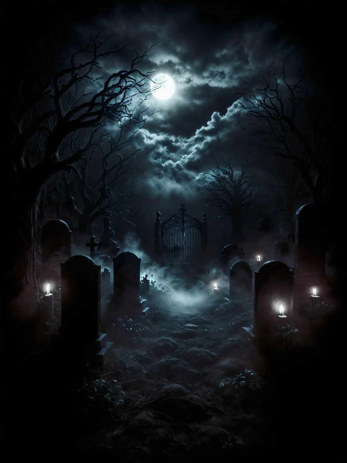 ais-sinisterz, a forgotten graveyard, overgrown with thorny vines, moonlight casting eerie shadows over tilted tombstones, in the distance, a lone wolf howls <lora:Sinister_Style_SDXL:1>