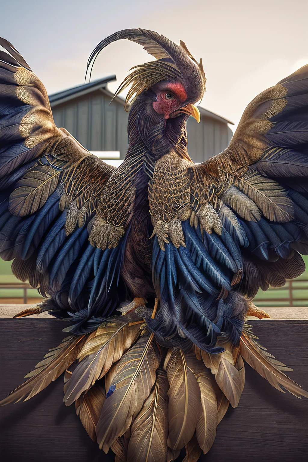 a professional photograph of (R005t3r bird:1.2) chicken,with a elegant wide (indigo tail plume:1.3) and colorful bright (gold wing feathers:1.3),standing on a fence in a barn yard,extremely ornate and detailed plumage,facing the viewer,portrait,rich details,hyper realistic,intense,highly detailed,face_focus,looking_at_viewer,(no humans:1.4),PA7_Portrait-MS,<lora:R005t3r_01A-final:1.1>,