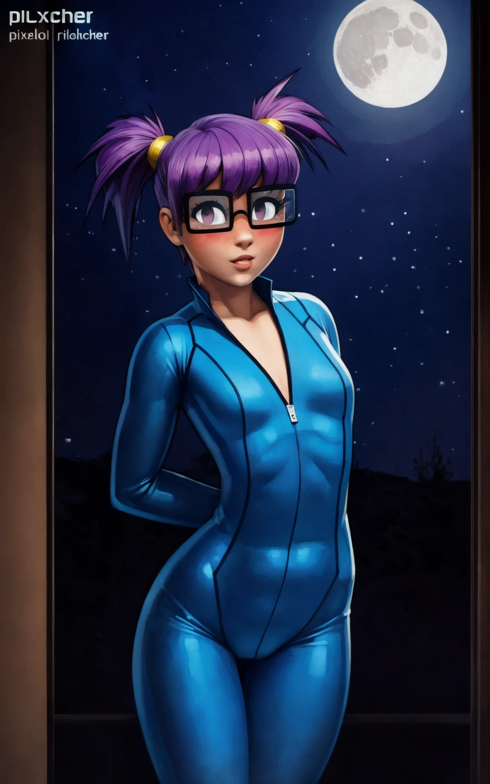 8k,4k,((Best quality, masterpiece, ultra high resolution)),((full body, by pixelsketcher)), <lora:Elly:0.8>,elly, purple hair, short hair, opaque glasses,glasses,flat chest, multicolored hair, twintails, black-framed eyewear,pink twintails,(human),zero suit,((blushing)), inside, night, moon,candles,seductive,shy,black eyes