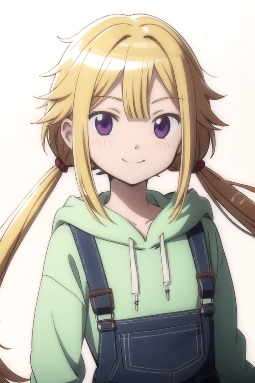 solo, 1girl, looking at viewer, sketch, flat colors, 2D, anime, anime coloring, upper body, (solid white background:1.3), <lora:felicia-madomagi-01:0.8>, felicia mitsuki, hoodie, black overalls, smile