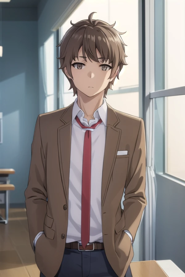 sakutaazusagawa, <lora:sakuta azusagawa s1-lora-nochekaiser:1>,
sakuta azusagawa, short hair, brown hair, (brown eyes:1.5), male focus,
BREAK shirt, long sleeves, school uniform, jacket, white shirt, open clothes, necktie, belt, pants, blazer, red necktie, brown jacket,
BREAK indoors, classroom,
BREAK looking at viewer, (cowboy shot:1.5),
BREAK <lyco:GoodHands-beta2:1>, (masterpiece:1.2), best quality, high resolution, unity 8k wallpaper, (illustration:0.8), (beautiful detailed eyes:1.6), extremely detailed face, perfect lighting, extremely detailed CG, (perfect hands, perfect anatomy),