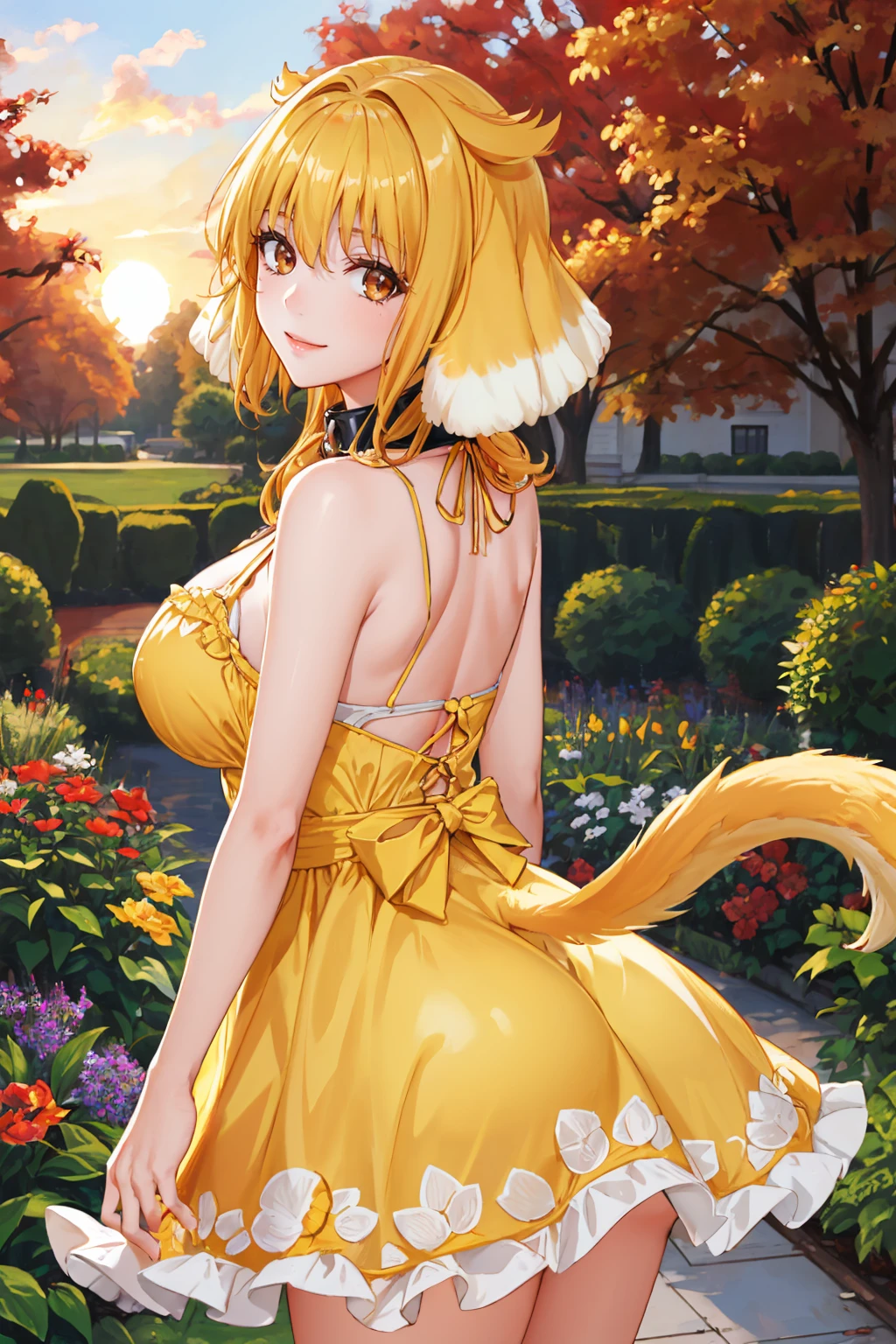 masterpiece, best quality, roxanne, dog ears, collar, yellow sundress, from behind, looking at viewer, garden, autumn, sunset, large breasts, ass, smile edgYSD, woman wearing a yellow sundress, very voluminous dog tail, dog tail starts above butt, dog tail starts from skin, dog tail goes above dress