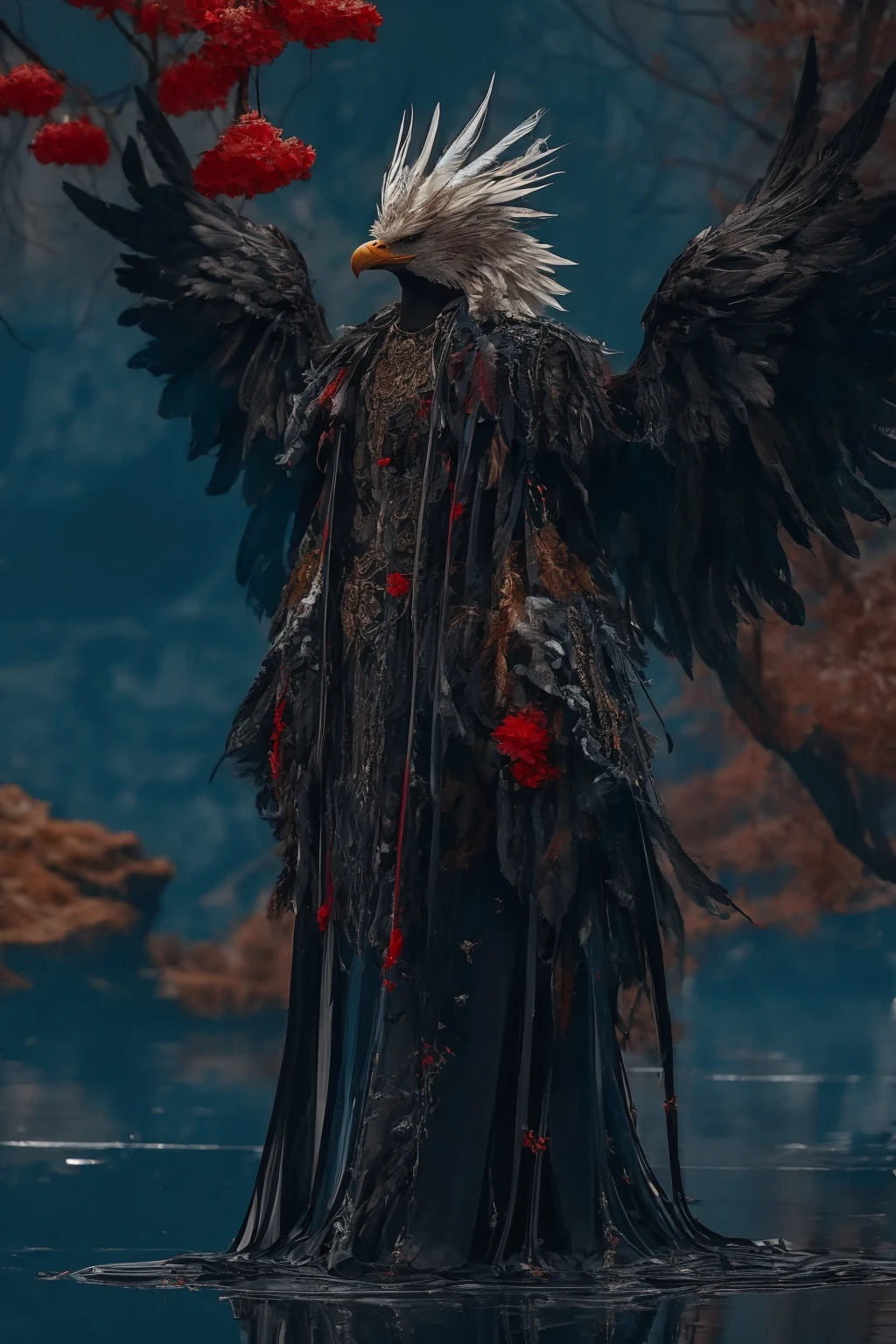 1 eagle,full body,feathers,wings,standing under the peach tree,black_theme,Horror Scene,<lora:麻è¢NSFW2024-001æææ»¤é:0.7>,<lora:麻è¢2024-022ææé¸æé0.4-0.9:0.7>,, masterpiece,best quality,ultra-detailed,